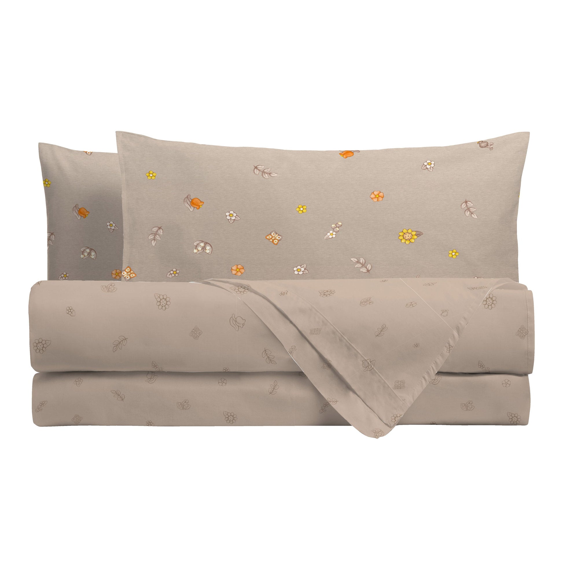 THUN® Completo Letto Piazza e Mezza in Cotone Country Flowers Beige